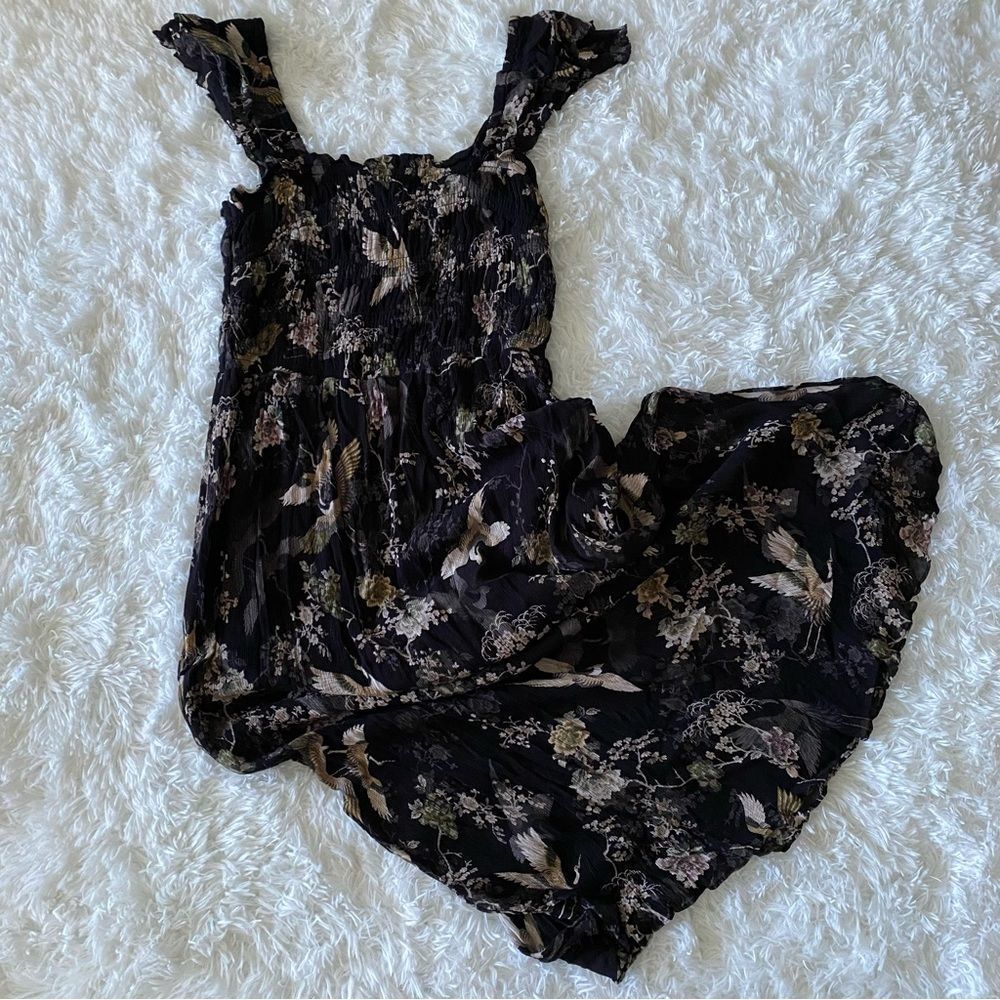All Saints Black Floral Print Midi Dress with Ruffle Cap Sleeves Size 8